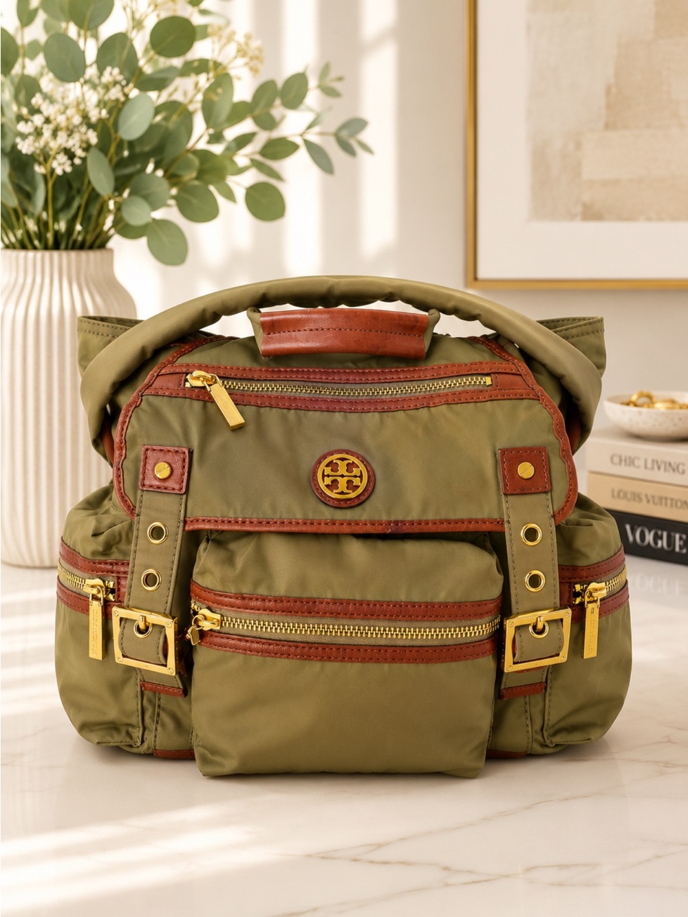Tory Burch Olive Green Nylon Backpack with Brown Trim and Gold Hardware